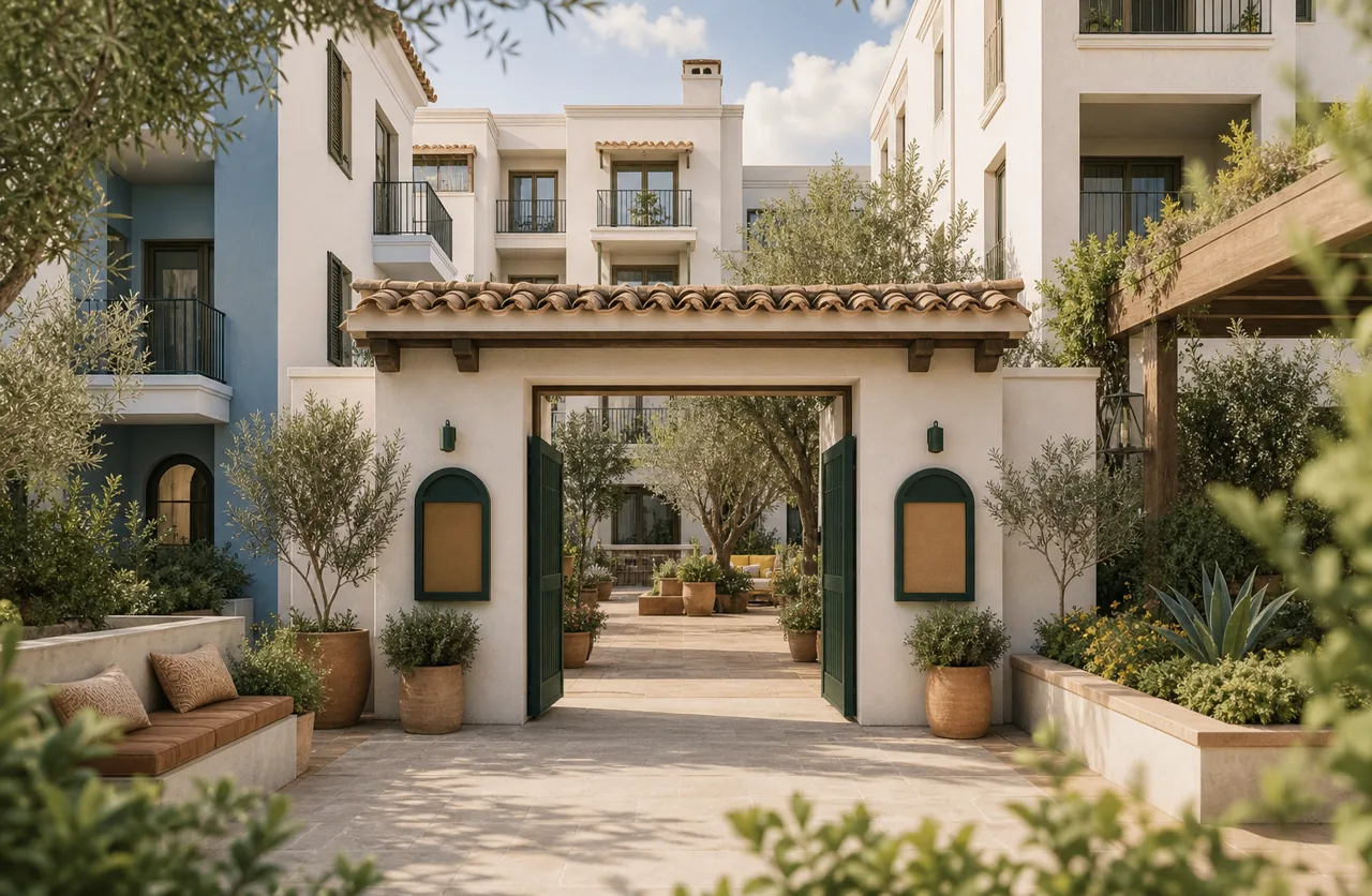 Residential courtyard with shared spaces and a landscaped entrance